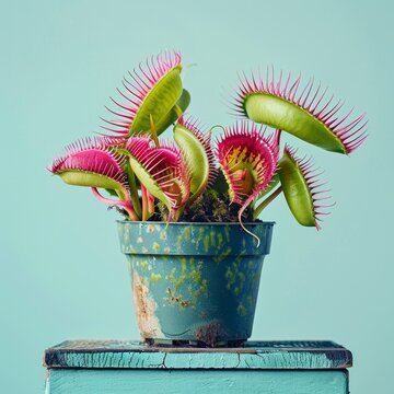 Medium shot of a Venus flytrap in the pot, isolated on a solid light pastel white background