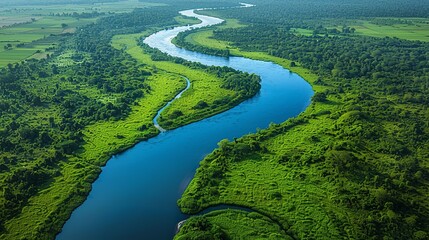 Abstract aerial background showcasing a vibrant blue river winding through lush green landscapes, creating a visually stunning and colorful composition for various uses. high resolution Illustration,