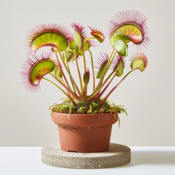 Medium shot of a Venus flytrap in the pot, isolated on a solid light pastel white background