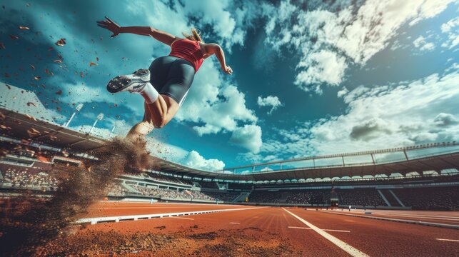Young woman heavy sports long jump competition