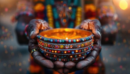 Tribal gathering with traditional music, dance, and attire, celebrating culture, Cultural, Bright colors, Photography