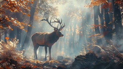 Deer standing in the misty forest Surrounded by trees, quiet and mysterious.