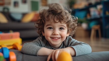 Smiling child playing with toys, text area for joyful messages
