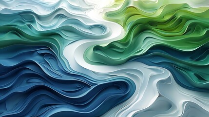Fototapeta premium Mesmerizing aerial abstract background featuring a river winding through natural landscapes in shades of blue, green, and white, creating a tranquil and visually appealing design. high resolution