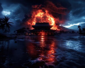 Tsunami impact on a coastal town, showing the devastation and aftermath, Documentary, Dark tones, Digital painting