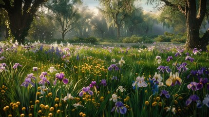 Obraz premium Iris background in the lush meadow