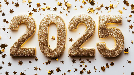 Minimalist "2025" lettering with holiday decor, pure white background, festive mood.
