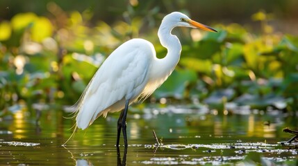 Naklejka premium Intermediate Egret Bird in Natural Habitat White Plumage