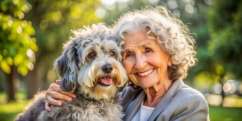 The similarity of the owner and the pet. Elderly woman with gray, curly hair and a fluffy gray dog with similar fur texture, both smiling and enjoying a sunny day in the park