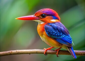 Fototapeta premium Vibrant oriental dwarf kingfisher perches on a twig, iridescent feathers glisten in shades of blue, green, and orange, against a transparent background.