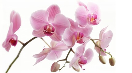 Isolated pink orchid in close up on white backdrop