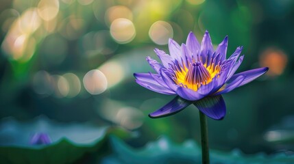 Isolated purple lotus flower with yellow center on blurred green backdrop