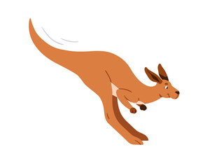 Jumping kangaroo character. Cute happy marsupial running and bouncing. Adorable Australian animal in motion. Joyful fast funny mammal leaping. Flat vector illustration isolated on white background