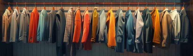Expert Care for Your Wardrobe: A Conceptual Dry Cleaning Display with Assorted Garments on Hangers, Highlighting Professional Service and Fabric Care