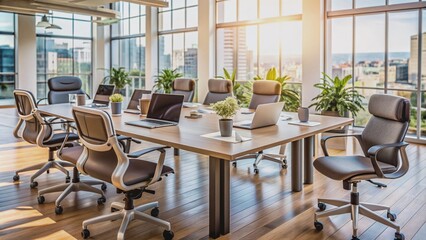 Fototapeta premium Collaborative business team concept with empty chair and virtual reality headset on table surrounded by laptops and notes in modern creative office setting.