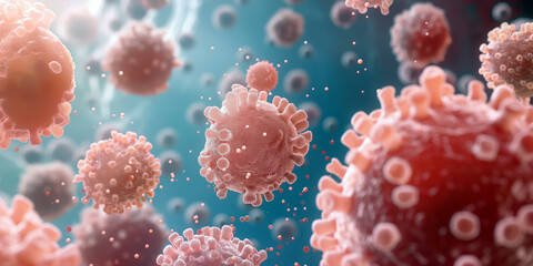 An immune response to a viral infection, showing white blood cells attacking and engulfing virus particles.