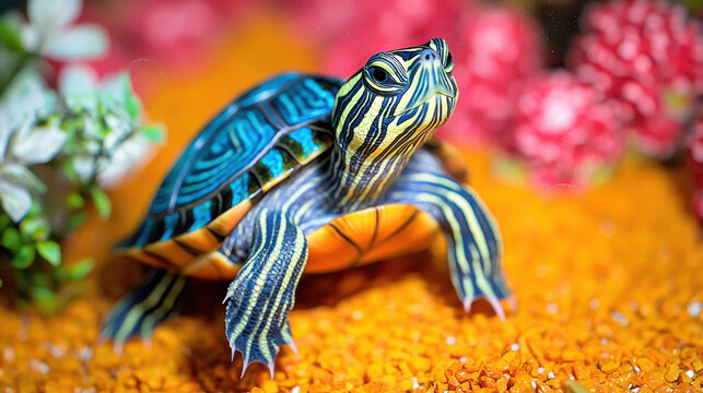 Close-up of a small, brightly colored turtle on vivid orange gravel, surrounded by pink and white flowers, creating a lively scene.
