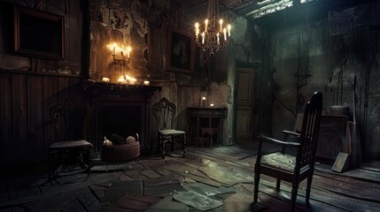 Naklejka premium Old horror room, chairs, dim candlelight, deserted atmosphere.