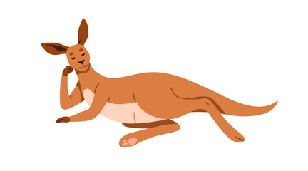 Kangaroo lying in relaxed pose. Cute Australian marsupial enjoying leisure. Adorable funny charming animal character in elegant chilling position. Flat vector illustration isolated on white background