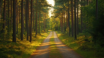 Obraz premium Serene Forest Path with Sunlight Illuminating Pine Trees - Tranquil Nature Scene in the Woods