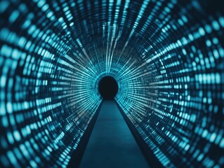 A stunning visual of a digital tunnel illuminated in blue lights, representing technology and innovation in a futuristic setting.