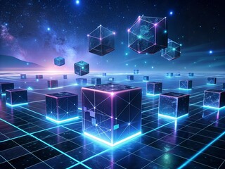3D rendering of a cube with a network on the background Futuristic technology background with glowing cubes. 3D Rendering
