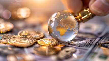 Global economy concept with currency and globe. Coins, bills, and a crystal globe symbolizing global financial markets and investments.