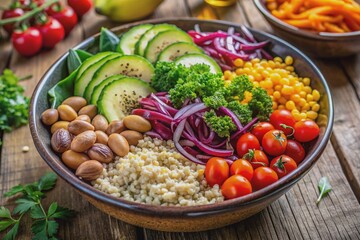 Vibrant colors of fresh vegetables, whole grains, and legumes fill a nutrient-dense Buddha bowl, representing a healthy plant-based diet and conscious eating choice.
