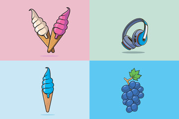 Collection of Ice Cream in waffle Cone with Purple Grapes and Headphones vector design illustration.