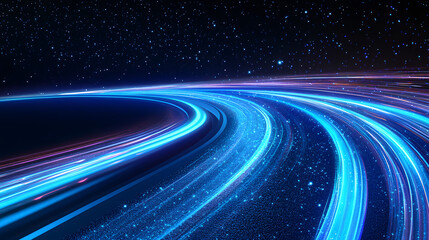 a dynamic night scene featuring vibrant blue neon light trails curving along a dark road, creating a sense of motion and speed isolated on white background, png