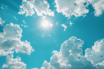 Bright blue sky with white clouds and sunshine, a clear sunny day