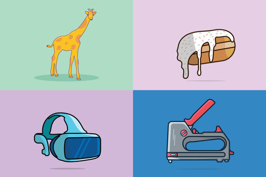 Collection of Girafe with VR visual and Stappler, Donut vector design illustration.