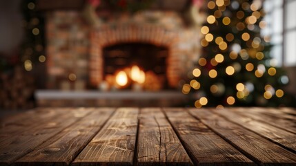 Calm image of empty wooden floor in front of decorated fireplace and Christmas tree. Place for text. Suitable for Christmas background.