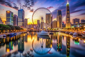 Naklejka premium A majestic giant Ferris wheel dominates the urban landscape, its vibrant lights reflecting off calm river waters, surrounded by sleek skyscrapers and tiny sailboats.