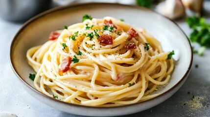 Classic spaghetti carbonara with a creamy sauce and crispy pancetta.