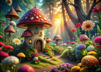 Whimsical mushroom abode nestles among vibrant flora, surrounded by toadstools and colorful blossoms, evoking enchanting fairy tale charm in a dreamy, surreal atmosphere.