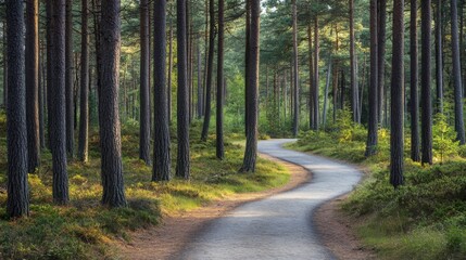 Obraz premium Tranquil Bicycle Path Meandering Through Enchanting Pine Forest