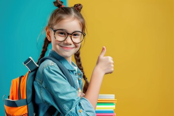 A girl smiling with glasses from pigtails on her head, showing a thumbs up with a trapdoor and books on a coloured background