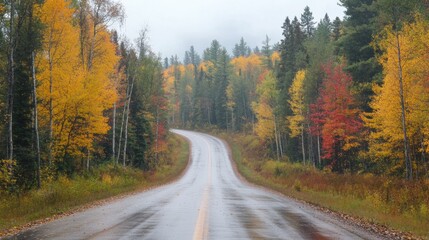 Obraz premium Serene Autumn Drive: Vibrant Foliage in Pine Forest