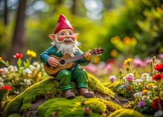 A joyful garden gnome perches on a moss-covered rock, enthusiastically strumming a tiny guitar and belting out a lively melody amidst vibrant flowers.