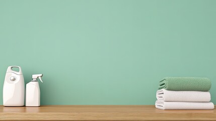 Soft, freshly folded towels in various colors are neatly arranged on a table, with plants and a washing machine visible in the background