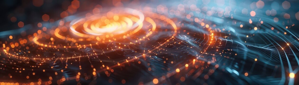 Quantum wave function, particle behavior, top view, waveparticle duality, scifi tone, vivid color scheme, uhd, copy space for text,