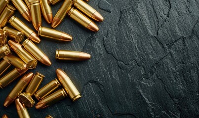 Many brass gun bullets on a black table closeup. Free copy space for text.