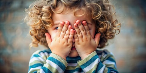 Small, curly-haired child's hands cover her face, conveying innocence and vulnerability, with a subtle sense of shyness and uncertainty in a heartfelt moment.