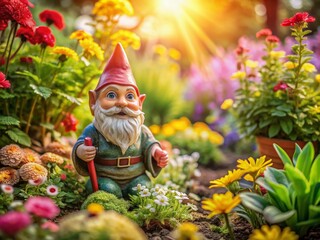Obraz premium A whimsical garden gnome statue standing amidst vibrant flowers, lush greenery, and rustic garden decorations, radiating warmth and serenity in a sun-drenched garden setting.