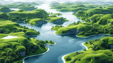 Abstract aerial background with serene bodies of water and lush green landscapes highlighted in white and blue providing a refreshing and peaceful design. high resolution Illustration, in the style