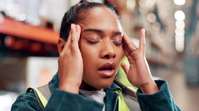 Headache, stress and woman in warehouse for quality assurance, inventory management and inspection. Workplace, logistics and contractor with head pain, mistake and migraine for factory distribution