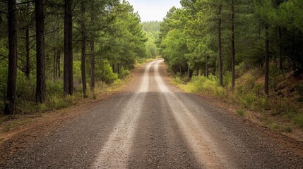 Obraz premium Serene Gravel Road Through Pine Forest - Rustic and Rural Charm in Nature