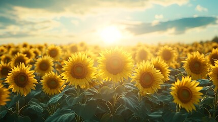 Fototapeta premium Golden Sunset Over Blooming Sunflower Field