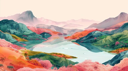 Creative aerial abstract background with colorful bodies of water and surrounding landscapes in pink, green, and orange providing a lively and vibrant design. high resolution Illustration, in the